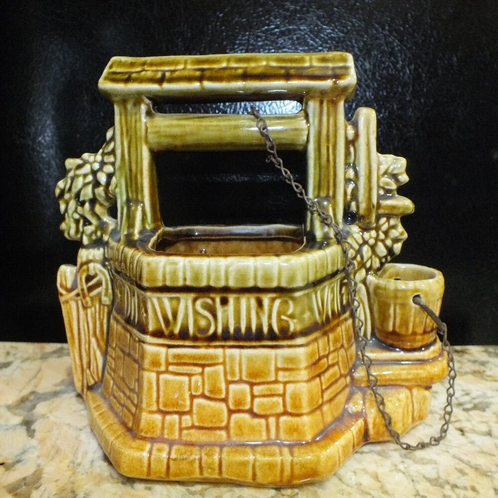 Vintage McCoy Wishing Well Pottery Planter Brown Grant a Wish to Me Signed USA